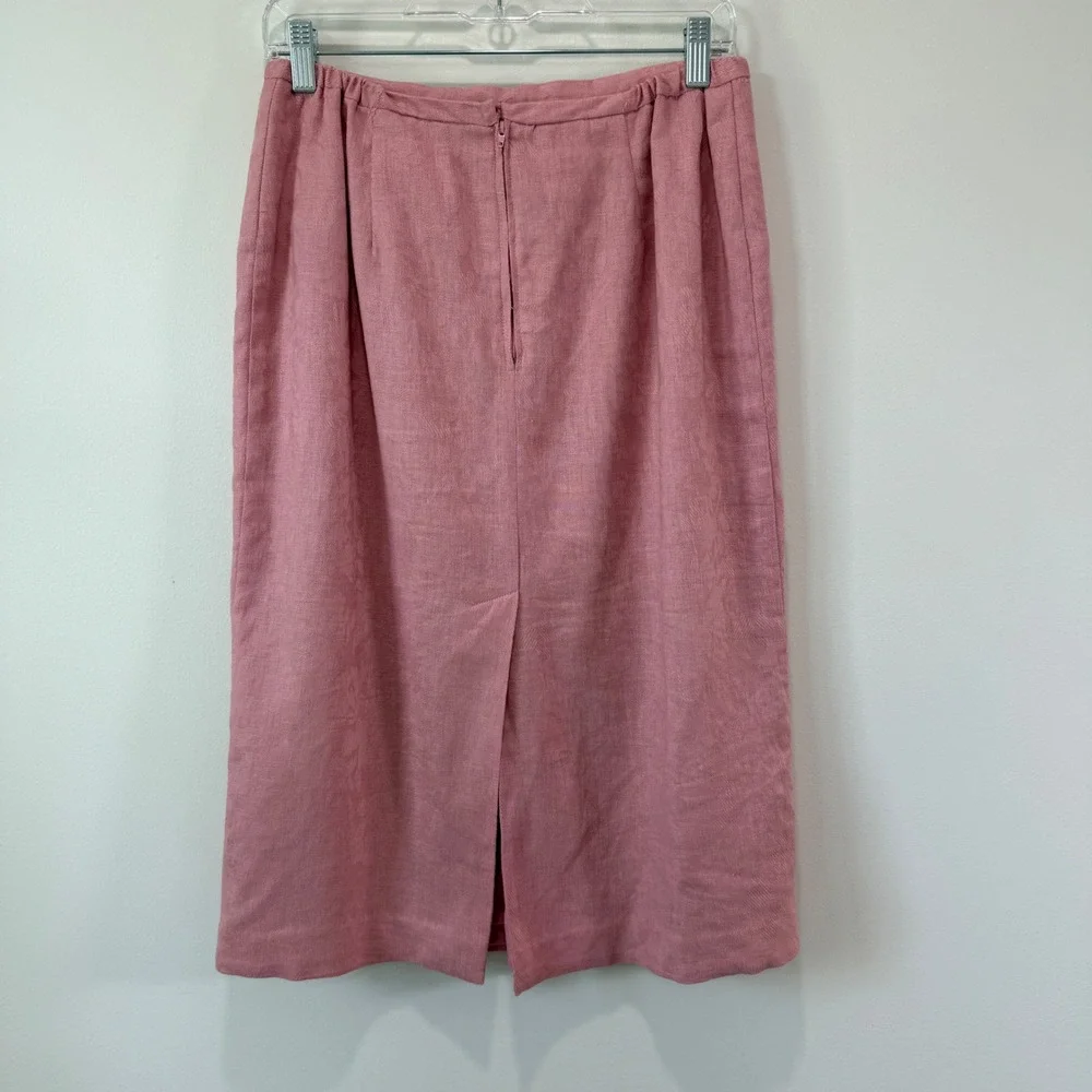 Vintage 2-Piece Suit Embroidered Pink Linen Blend Pencil Skirt Set 10 Lined Chic